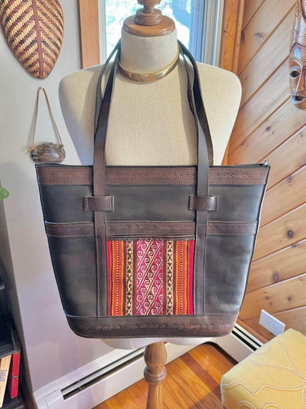 Vintage Bohemian Leather Kilim Rug Woven Tote Bag